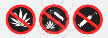 Drugs ban prohibition sign dark stickers on gray background. No hemp use area symbol. Cannabis forbidden label