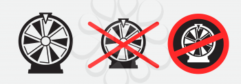 Gamble fortune wheel sign stickers set on white transparent background. Casino slots ban pictogram. No betting area label