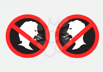 Man and woman do not shouting prohibition stickers. No loud talking sign symbol on gray background. Keep calmly communication label. Not quarrel pictogram