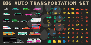 Big auto transportation icons set on black background. Car control panel interface sign symbols