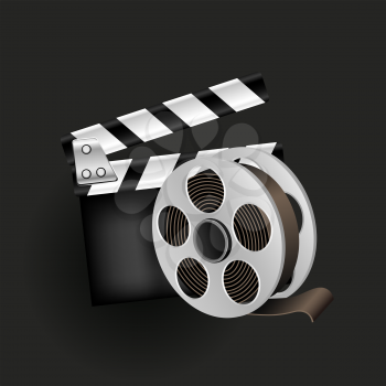 Retro cinema icon on black background. Clapperboard and filmstrip reel with shadow on dark backdrop. Cinematography sign symbol