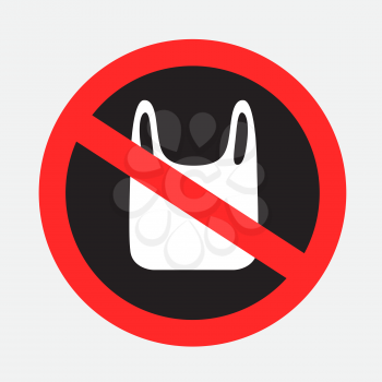 Polyethylene pack prohibited dark sticker on gray backgroud. No plastic bags sticker. Cellophane pollution forbidden