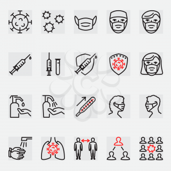 Coronavirus medical outline icon set on gray background. Syringe vaccine sign. Stop covid-19 infection collection. Virus quarantine pictogram symbol. People in masks epidemic spread