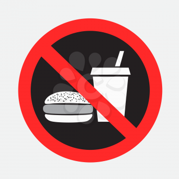 Fast food prohibited dark sign sticker on gray background. Forbidden fastfood burger and drink symbol