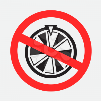 Gamble fortune wheel forbidden sign sticker on gray background. Casino slots ban pictogram. No betting area label