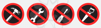 Collection of different tools prohibition sign on gray background. Do not use wrench screwdriver saw hammer dark symbol sticker