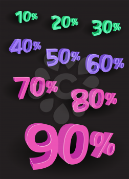 Business discount numbers with percentage set on dark black background. Promotion advertising offer paying digits symbol. Credit deposit rate number