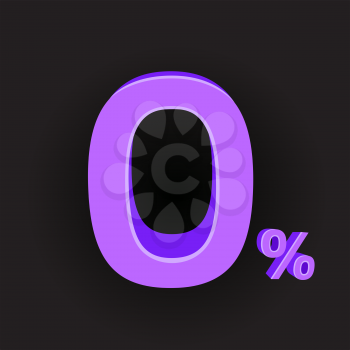 Purple color zero percent pay business sign with shadow on dark black background. Promotion advertising paying symbol. Null credit rate offer