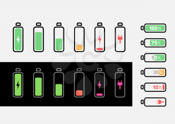 Simple outline battery icon set isolated on light and dark background. Charge symbols collection