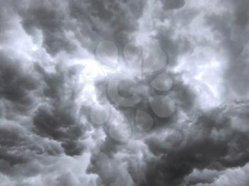 Thunderstorm clouds sky blurred background. Storm cloudy bakdrop. Natural heaven texture. Rainy cloudscape atmosphere