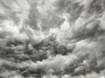 Thunderstorm gray clouds background. Storm cloudy bakdrop. Natural heaven texture. Rainy cloudscape atmosphere
