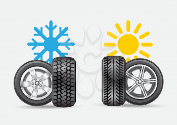 Summer winter car auto tire wheel rim set isolated on gray background. Season transportation tires with snowflake and sun sign symbol