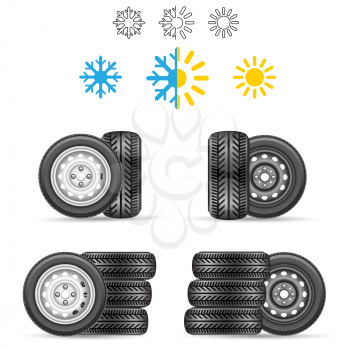 Car auto tire all season winter summer set isolated on white background. Tires wheels rims with snowflake and sun sign symbol