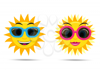 Sun boy and girl in sunglasses illustration with shadow on white background