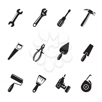 Repair tools black sign symbol set isolated on white background. Hand tool wrench pliers hammer screwdriver brush saw trowel pictogram