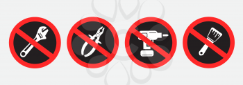 Do not use repair tools dark sign symbol set isolated on white background. No wrench plier drilling painting in work sticker
