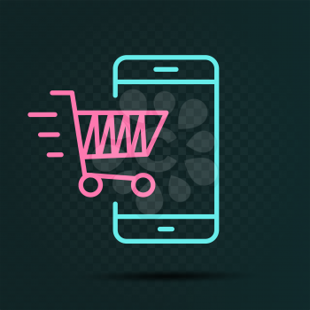 Online sales and shopping outline icon with shadow on dark transparent background. Eshop purchase symbol template. Buy with smartphone sign