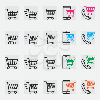 Outline buying icon set isolated on gray background. Online sales and shopping trolley symbols template. Buy with basket phone smartphone sign collection