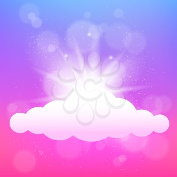 Cloud and sun rays on pink summer backdrop. Color clouds sky with abstract sunbeams on background. Beautiful nature sunny bright cloudscape