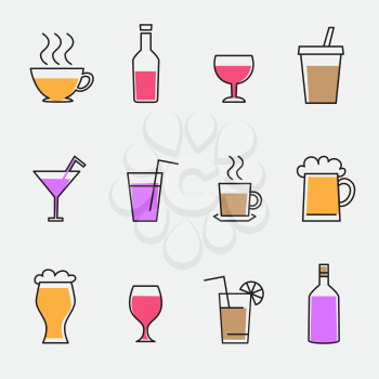 Drinks outline icons sign set isolated on gray background. Drawn drink glassware and bottles collection. Alcohol beer wine cocktail tea and coffee icon symbol