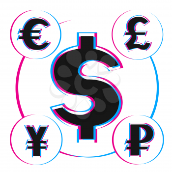 Glitch money sign symbol set on white background