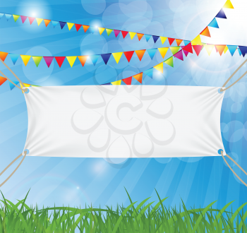 Textile banners with copy space suspended by ropes by all four corners. Vector Illustration