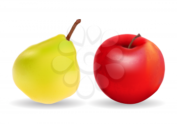 Green Pear and Red Apple Isolated on White Background Vector Illustration