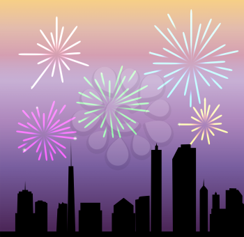 Colored fireworks city on Background vector illustration. EPS10