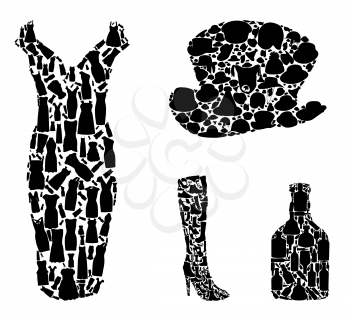 Bottles and Clothing: Hats, Shoes Collection Silhouette. Vector Illustration. EPS10