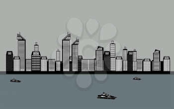 Isolated Buildings of the City, Sea, Boat. Vector Illustration EPS10