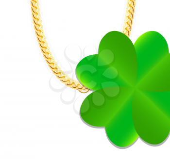 Gold Chain Jewelry whith Green Four-leaf Clover. Vector Illustration. EPS10