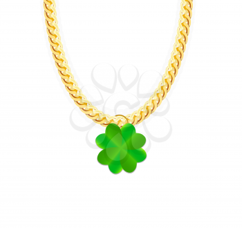 Gold Chain Jewelry whith Green Four-leaf Clover. Vector Illustration. EPS10