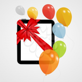 Digital Tablet Gift Vector Illustration with Balloons. EPS10