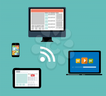 Cloud Computing Concept on Different Electronic Devices. Vector Illustration