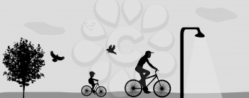Family Riding Bikes in the Park. Vector Illustration. EPS10