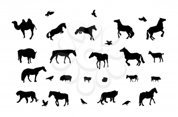 Silhouette of Wild and Domestic Animals, Bird. Black and White. Vector Illustration.