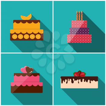 Birthday Cake Flat Icon Set with Long Shadow for Your Design, Vector Illustration Eps10