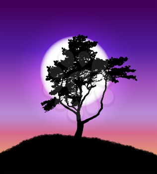 Silhouette of Tree on Sunset Background. Vector Illustration EPS10