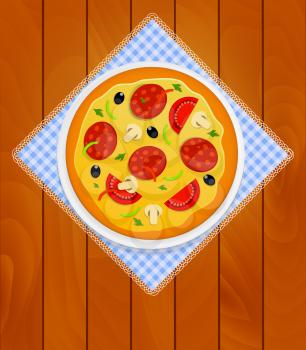 Pizza in White Plate on Kitchen Napkin at Wooden Boards Background Vector Illustration EPS10