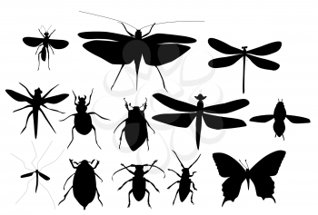Silhouettes Set of Beetles, Dragonflies and Butterflies Vector Illustration EPS10
