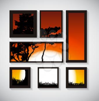 Abstract Gallery Background with Silhouette of Tree on Sunset Background. Vector Illustration EPS10