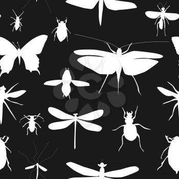 Silhouettes Set of Beetles, Dragonflies and Butterflies Seamless Pattern Background Vector Illustration EPS10