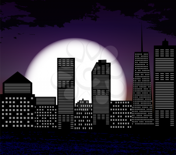Silhouette of Big City on Background of White Moon. Vector Illustration. EPS10