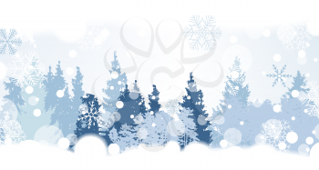 Christmas Snowflakes on Background with a silhouette of trees. Vector Illustration. EPS10