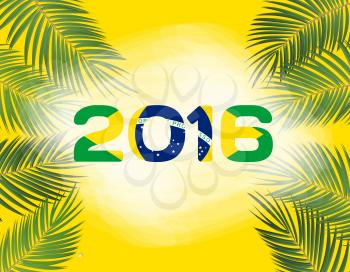 The leaves of palm trees with the inscription in 2016 of color flag of Brazil. Vector Illustration. EPS10