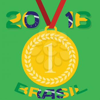 Gold medal with inscription in Portuguese and interpret flag of Brazil. Vector Illustration. EPS10