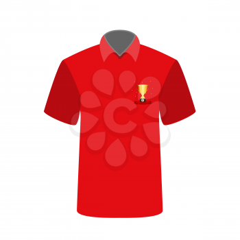Red T-shirt with the image of the cup for first place. Vector Illustration. EPS10