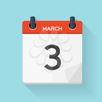 March 3 Calendar Flat Daily Icon. Vector Illustration Emblem. Element of Design for Decoration Office Documents and Applications. Logo of Day, Date, Time, Month and Holiday. EPS10