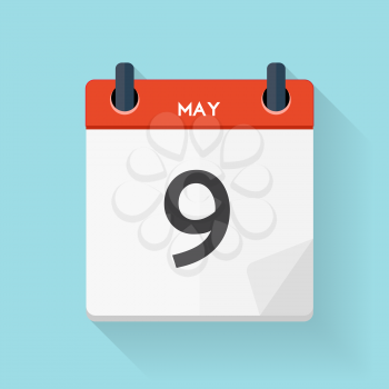 May 9 Calendar Flat Daily Icon. Vector Illustration Emblem. Element of Design for Decoration Office Documents and Applications. Logo of Day, Date, Time, Month and Holiday. EPS10