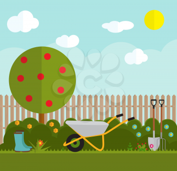 Gardening Flat Background Vector Illustration. Garden Tools, Tree, Fence and Bush on Natural Background. Illustration in Modern Flat Style. EPS10
